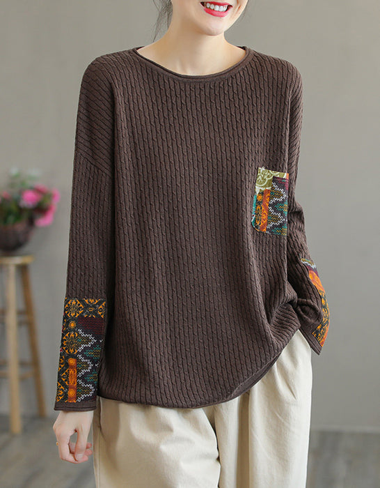 Ethnic Style Patchwork Knitted Loose Sweater Shirt