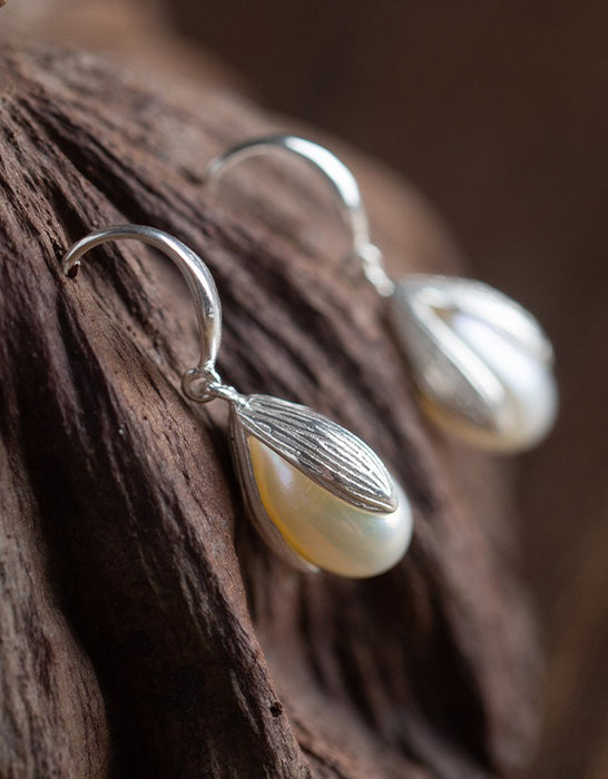 Flower Bud Sterling Silver Pearl Earrings