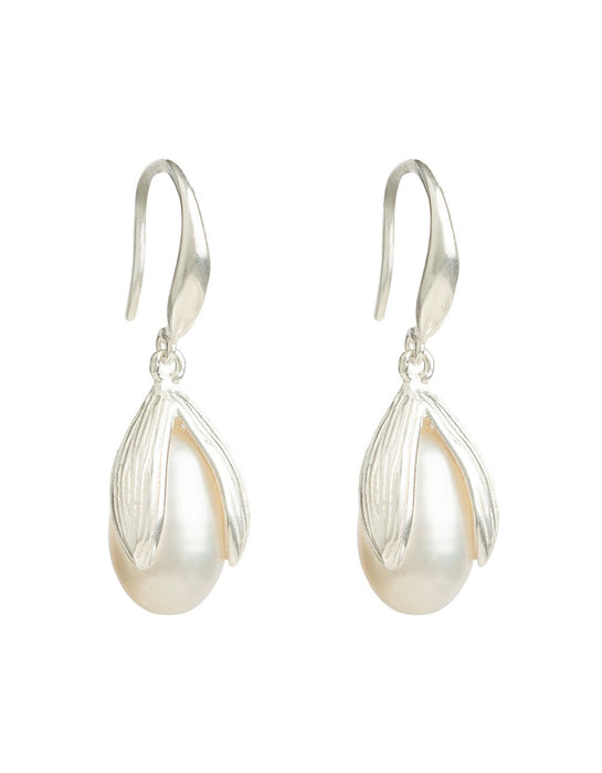 Flower Bud Sterling Silver Pearl Earrings