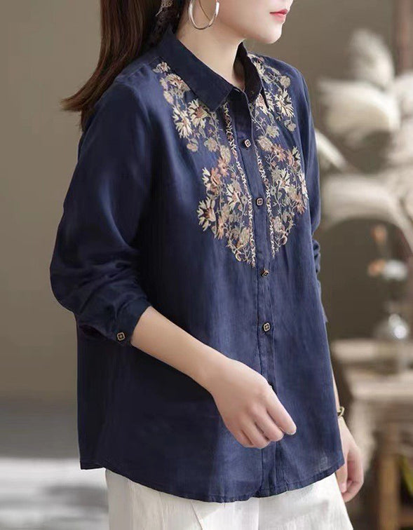 100% Linen long-sleeved embroidered shirt