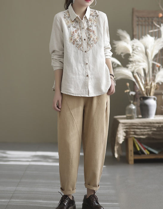Flower Embroidery Linen Long Sleeve Shirt