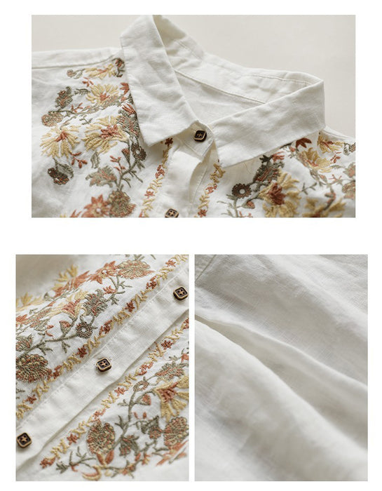 Flower Embroidery Linen Long Sleeve Shirt