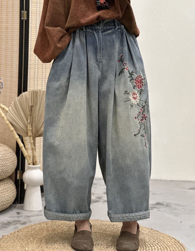 Flower Embroidery Loose Denim Pants for Women — Obiono