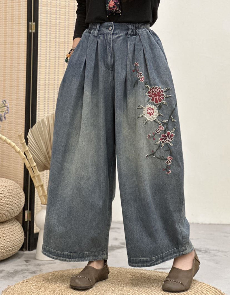 Flower Embroidery Loose Denim Pants for Women — Obiono