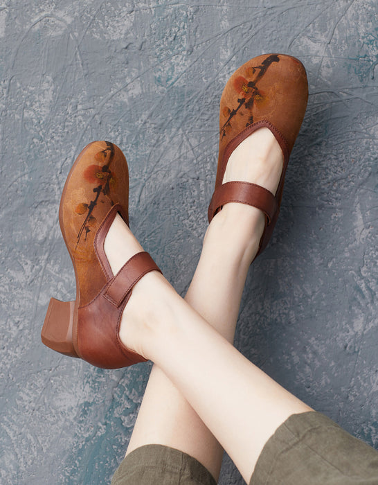 Handmade Printed Suede Ankle Strap Elegant Chunky Heels
