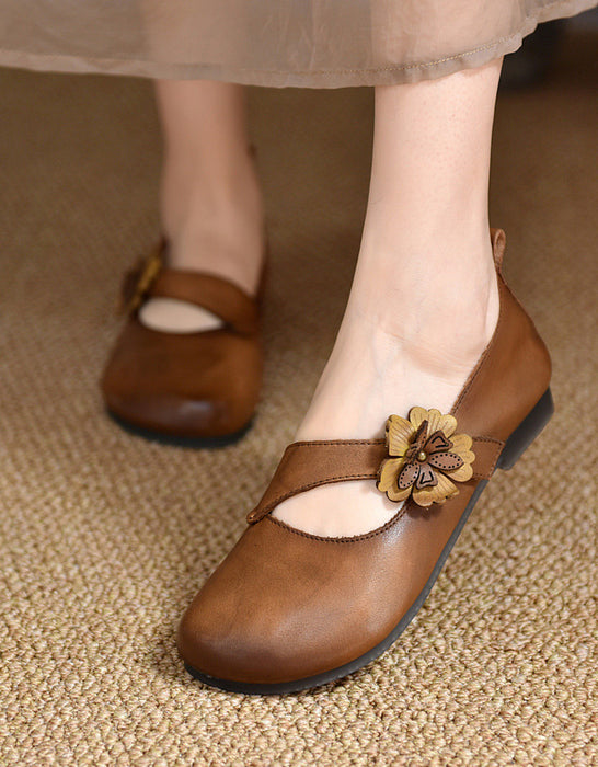 Flower Strap Comfartable Leather Retro Flat Shoes
