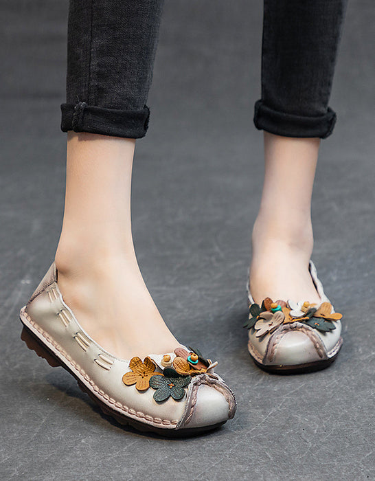 Flowers Rounded Head Soft Leather Comfortable Flats 41