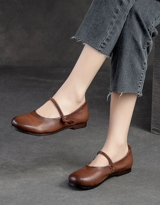 Front Strap Round Head Comfortable Soft Leather Flats