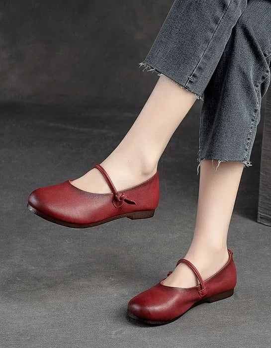 Front Strap Round Head Comfortable Soft Leather Flats