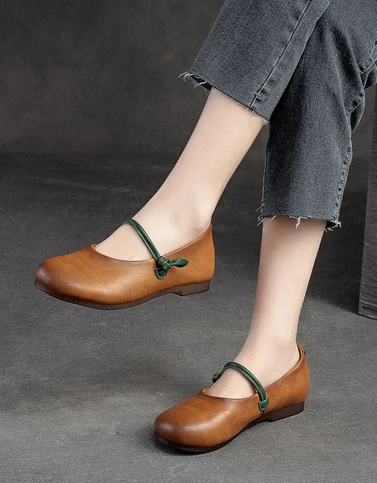 Front Strap Round Head Comfortable Soft Leather Flats