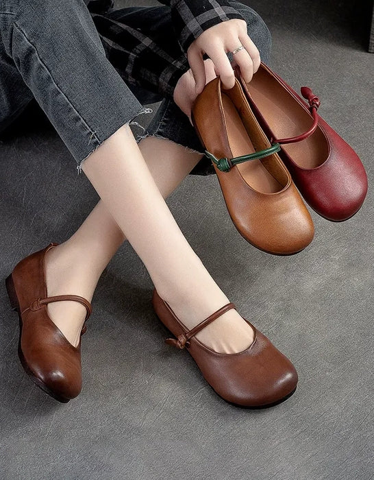 Front Strap Round Head Comfortable Soft Leather Flats