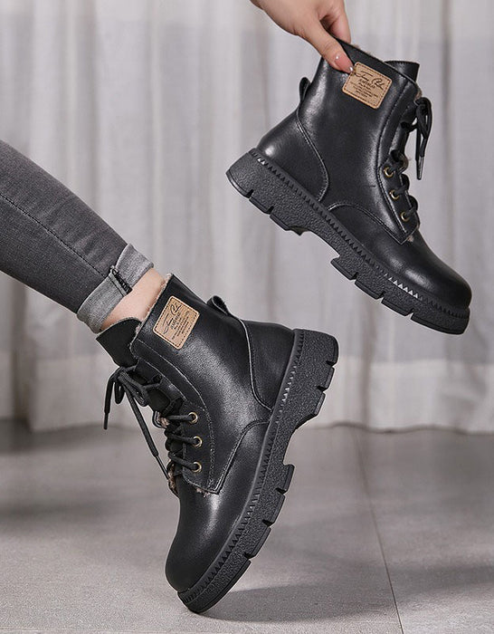 Bottes d'hiver noires en cuir rétro pour femmes en peluche