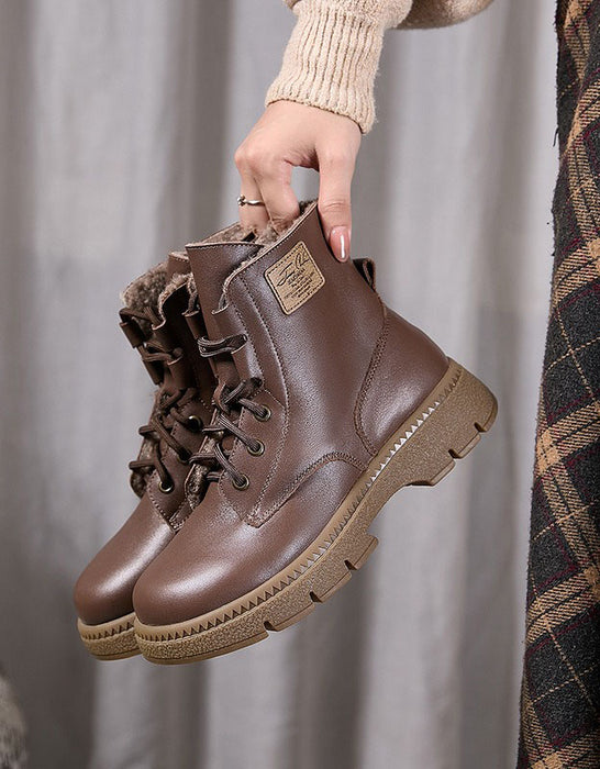 Bottes d'hiver noires en cuir rétro pour femmes en peluche