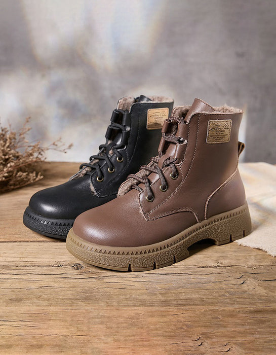 Bottes d'hiver noires en cuir rétro pour femmes en peluche