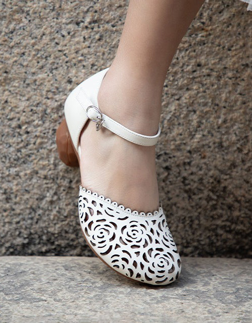Genuine Leather Round Toe Hollow Flower Chunky Heels April Shoes Collection 2026 93.00