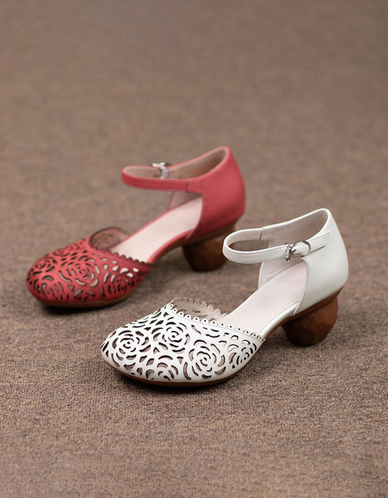 Genuine Leather Round Toe Hollow Flower Chunky Heels April Shoes Collection 2026 93.00
