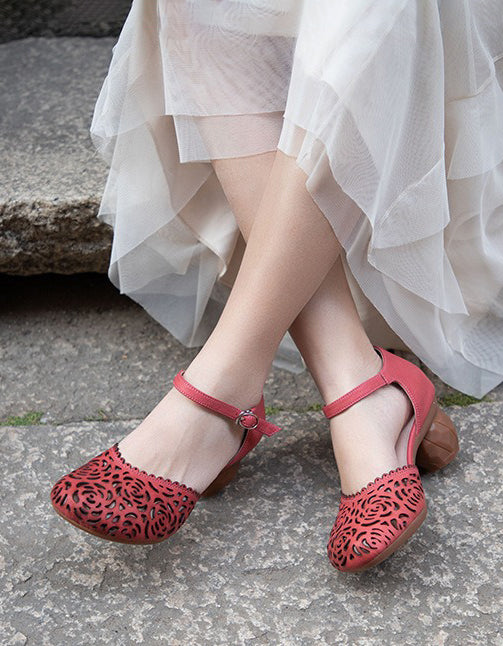Genuine Leather Round Toe Hollow Flower Chunky Heels April Shoes Collection 2026 93.00
