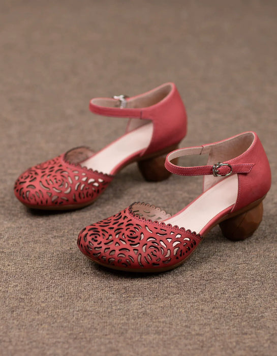 Genuine Leather Round Toe Hollow Flower Chunky Heels April Shoes Collection 2026 93.00