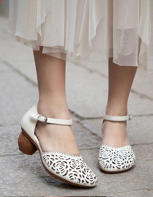 Genuine Leather Round Toe Hollow Flower Chunky Heels April Shoes Collection 2026 93.00