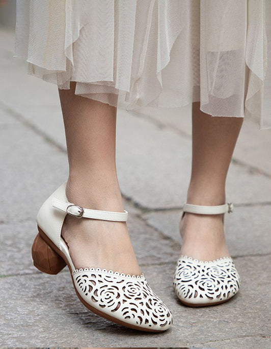 Genuine Leather Round Toe Hollow Flower Chunky Heels April Shoes Collection 2026 93.00