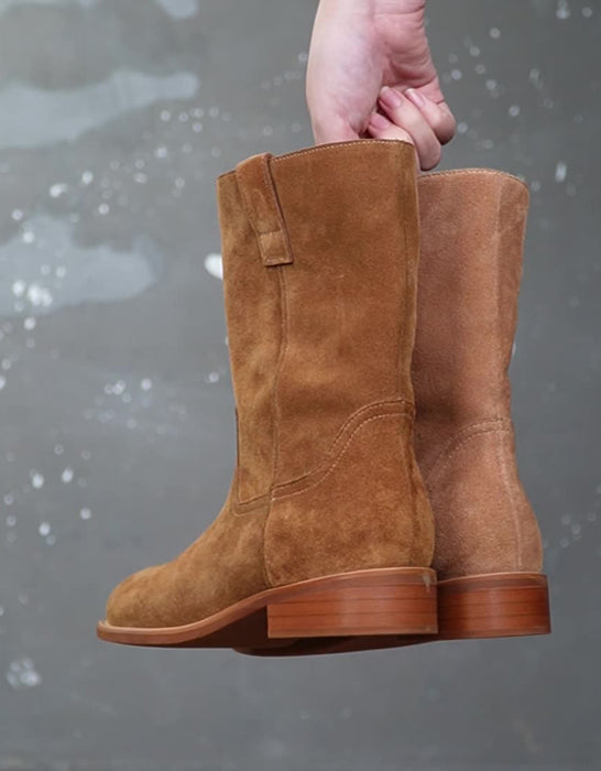 Bottes Femme Mi-mollet En Daim - Coupe Large Confort - Semelle Antidérapante - Fermeture éclair Latérale - 9