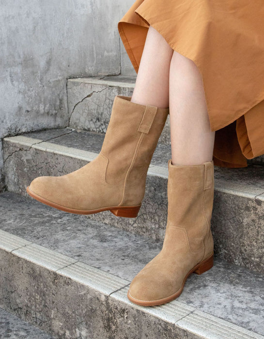 Mid Calf Flat Boots 2019 Genuine Leather Versatile Suede Mid-calf