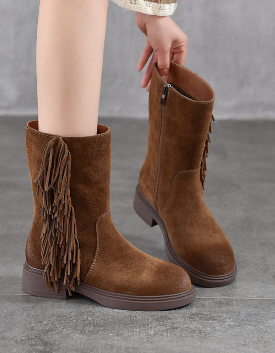 Genuine Leather Winter Autumn Side Tassel Mid-calf Boots