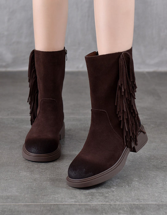 Genuine Leather Winter Autumn Side Tassel Mid-calf Boots