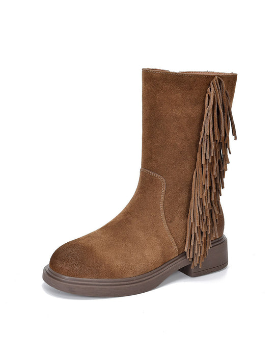 Genuine Leather Winter Autumn Side Tassel Mid-calf Boots