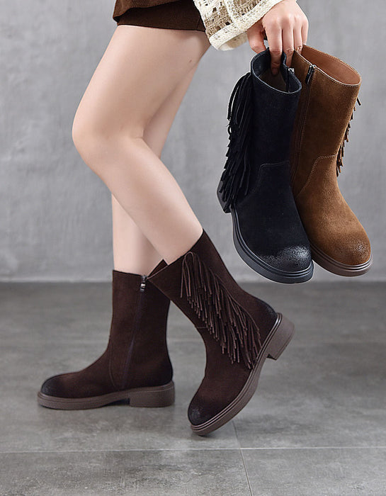 Genuine Leather Winter Autumn Side Tassel Mid-calf Boots