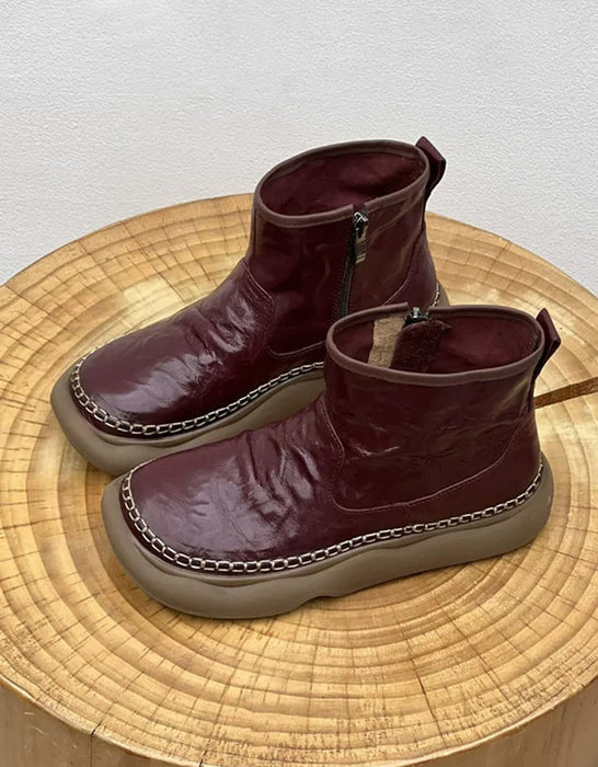Women's Handmade Comfortable Leather Retro Wide Toe Box Boots Wine-red, Obiono Sep Shoes Collection 2026, 80.00