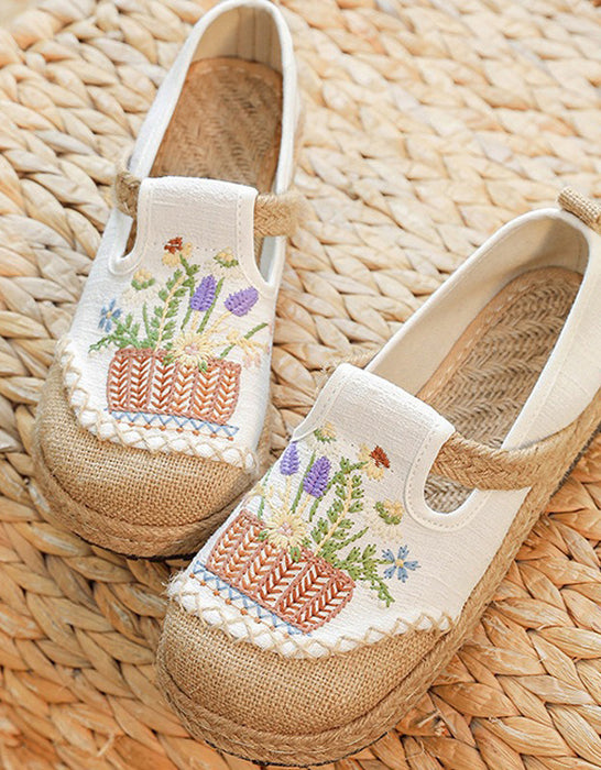 Handmade Embroidery Linen Wide Toe Box Shoes
