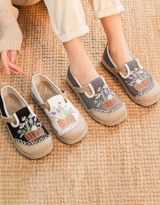 Handmade Embroidery Linen Wide Toe Box Shoes