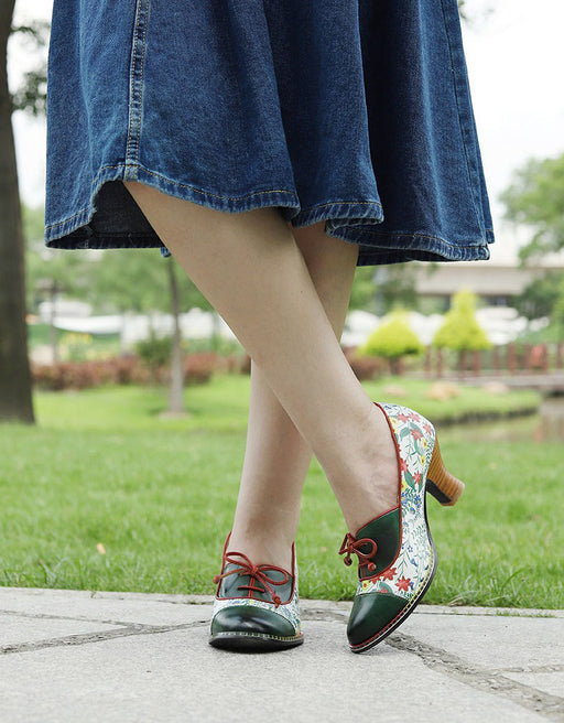 Obiono Big Size Shoes for Women Handmade Floral Print Lace-up Vintage Elegant Chunky Heels July Shoes Collection 2026 97.00