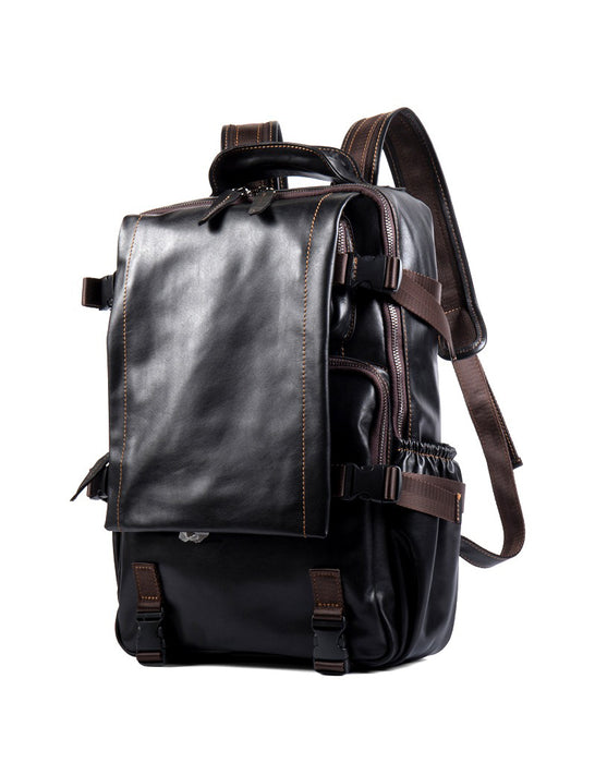 Handmade Genuine Leather Large Capacity Backpack for Men Side View