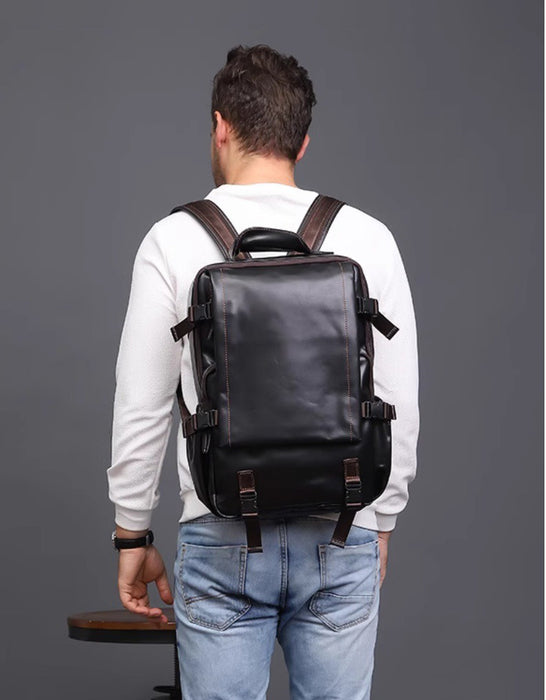 Handmade Genuine Leather Large Capacity Backpack for Men Try On