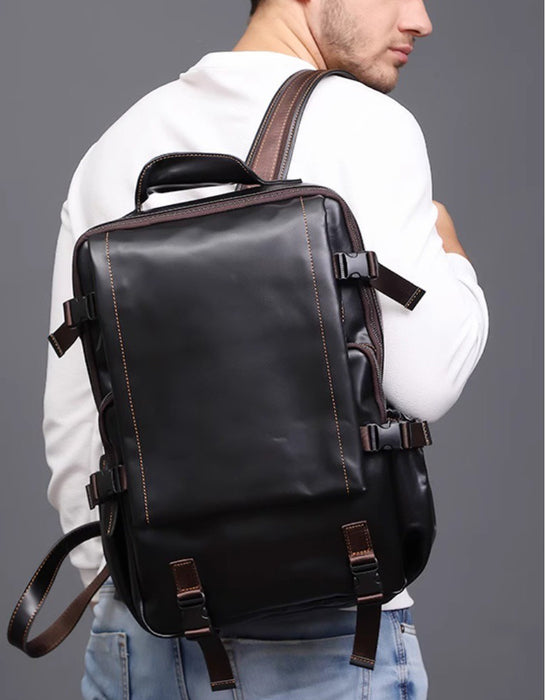 Handmade Genuine Leather Large Capacity Backpack for Men Try On