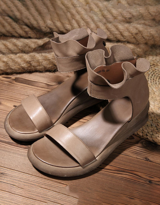 Handmade Leather Retro Strappy Wedge Sandals
