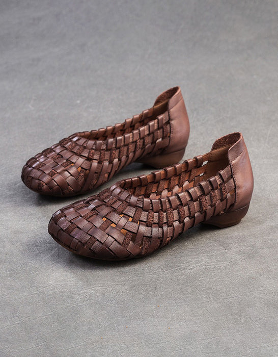 Handmade Leather Woven Retro Flat Pumps
