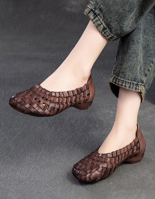 Handmade Leather Woven Retro Flat Pumps