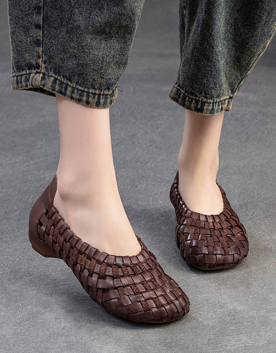 Handmade Leather Woven Retro Flat Pumps