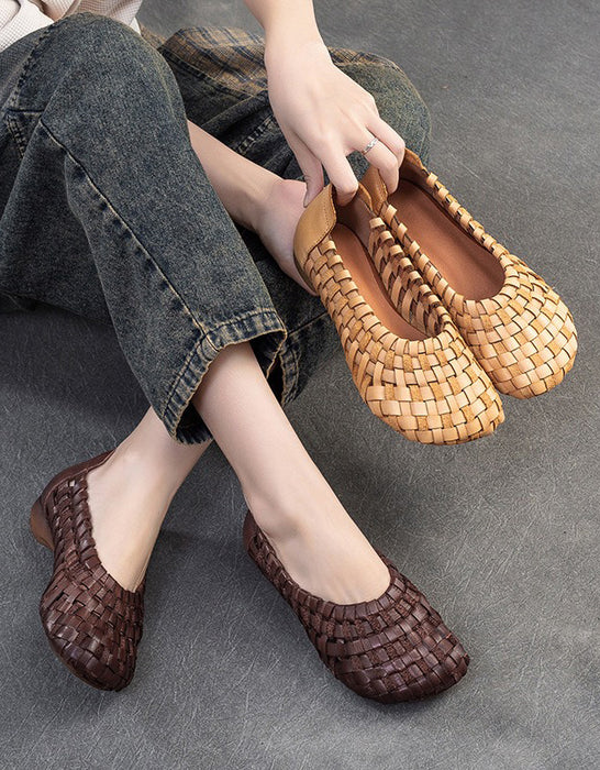 Handmade Leather Woven Retro Flat Pumps