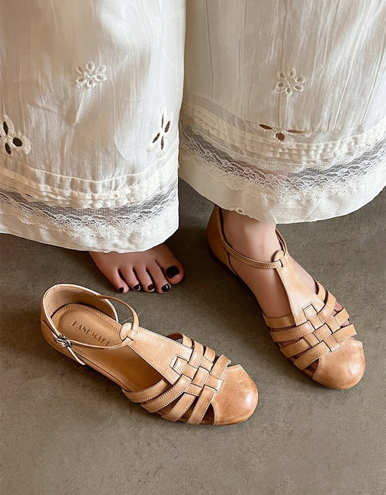 Handmade Leather Woven T-strap Close Toe Sandals May Shoes Collection 2026 96.00