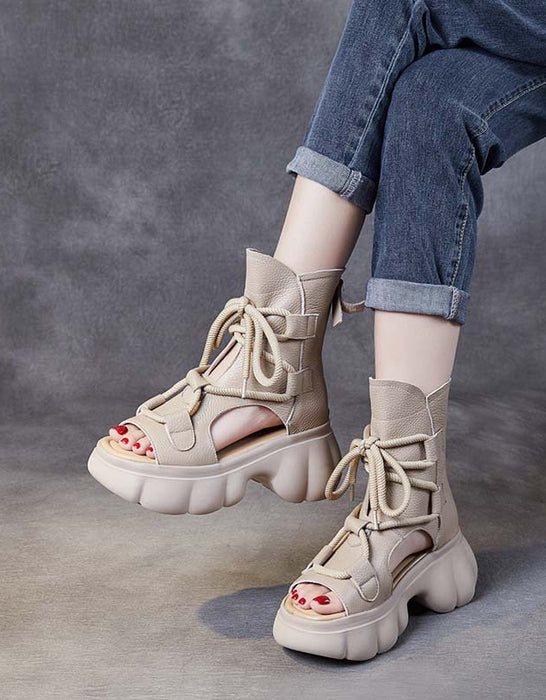 Handmade Open Toe Retro Platform Sandals Boots