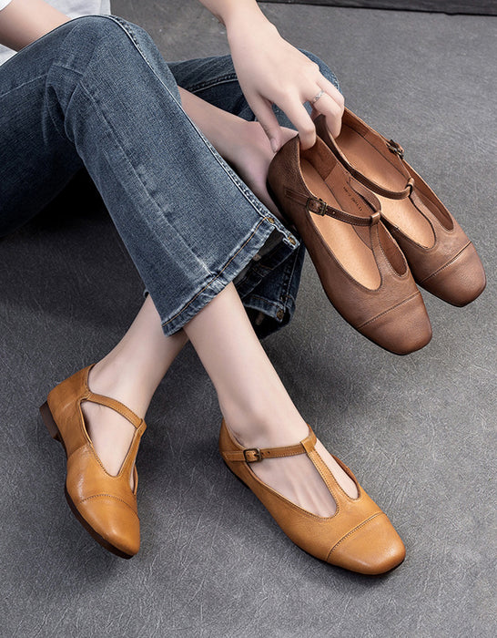 Handmade Pointed Toe T-strap Retro Flat Shoes — Obiono