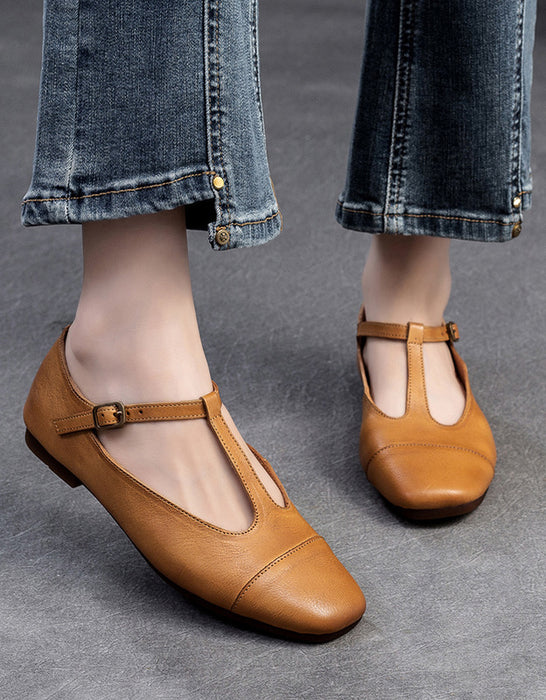 Handmade Pointed Toe T-strap Retro Flat Shoes — Obiono