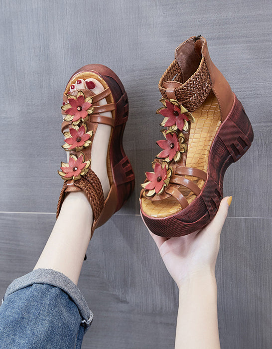 Handmade Retro Leather Flower Platform Sandals