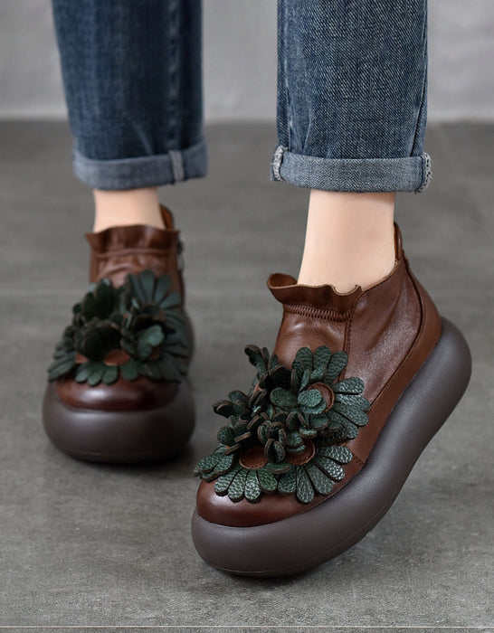 Handmade Round Toe Retro Leather Flowers Platform Boots