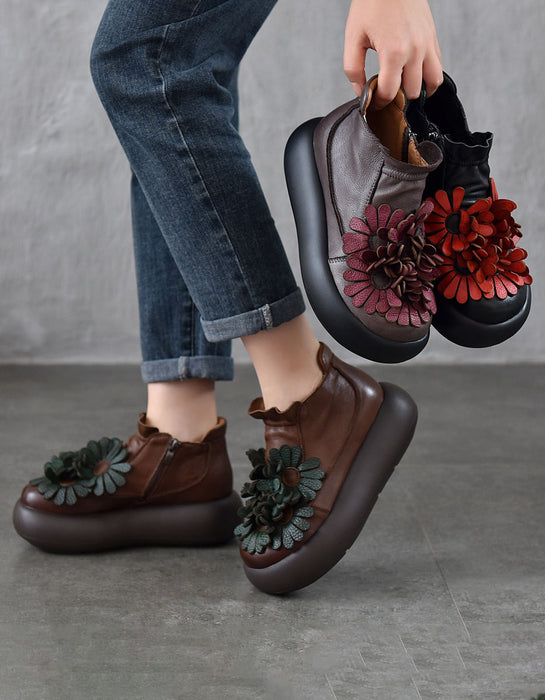 Handmade Round Toe Retro Leather Flowers Platform Boots