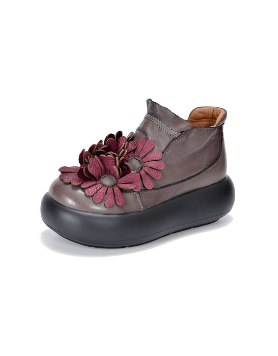 Handmade Round Toe Retro Leather Flowers Platform Boots